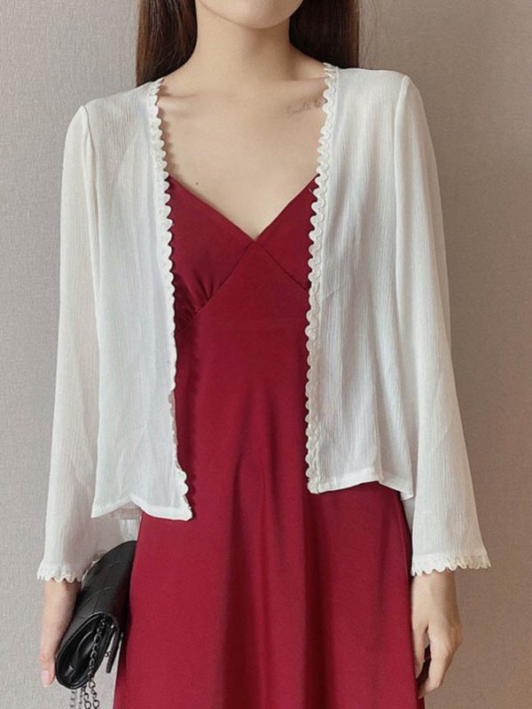 Lunar Crescent Lace Cardigan - Chiffon Sun Protection, Bell Sleeves, Draped Design, Slimming Short Jacket for Spring/Summer Women's Fashion