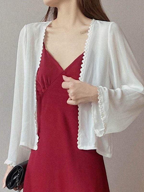 Lunar Crescent Lace Cardigan - Chiffon Sun Protection, Bell Sleeves, Draped Design, Slimming Short Jacket for Spring/Summer Women's Fashion