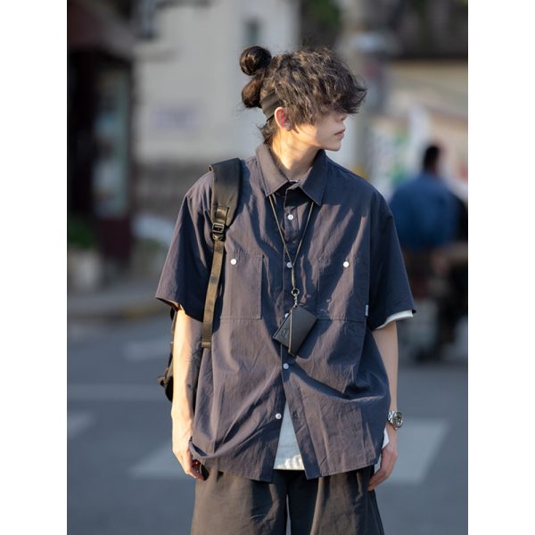 Men's and Women's Summer Japanese-Style Short Sleeve Shirt - Solid Color, Trendy Retro Button-Up for Street Style Fashion