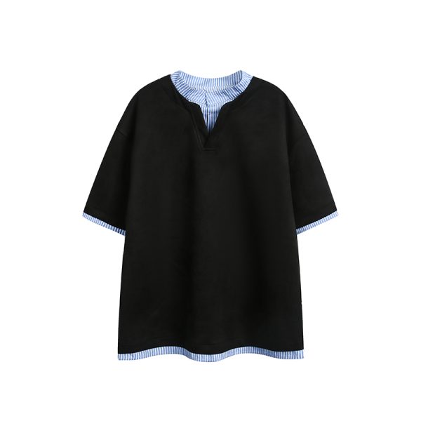 Men's Casual Long-Sleeve Henley T-Shirt, Striped Splicing, Versatile Two-Piece Top, Spring 2025 Fashion, Y2K Inspired