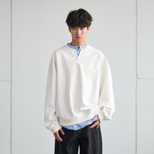Men's Casual Long-Sleeve Henley T-Shirt, Striped Splicing, Versatile Two-Piece Top, Spring 2025 Fashion, Y2K Inspired