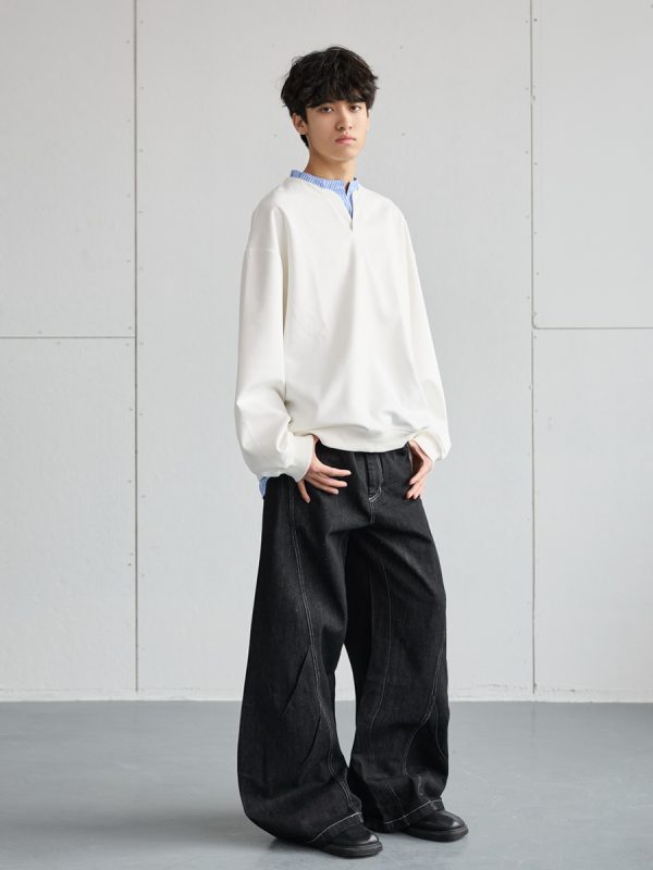 Men's Casual Long-Sleeve Henley T-Shirt, Striped Splicing, Versatile Two-Piece Top, Spring 2025 Fashion, Y2K Inspired