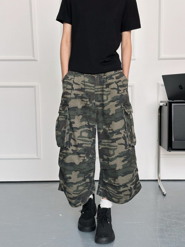 Men's Casual Wide-Leg Camouflage Seven-Point Shorts - Retro American Style Versatile Summer Work Pants