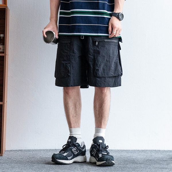 Men's Japanese Retro Summer Solid Color Loose Casual Shorts, Quick-Dry Multi-Pocket Five-Point Sports Pants
