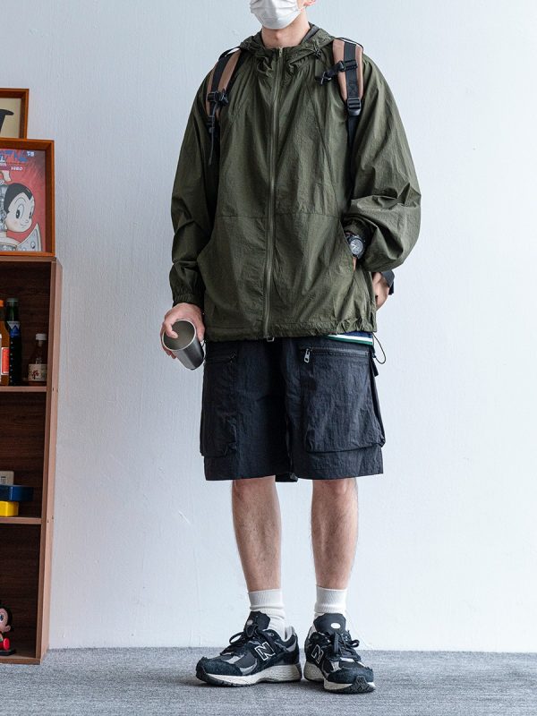 Men's Japanese Retro Summer Solid Color Loose Casual Shorts, Quick-Dry Multi-Pocket Five-Point Sports Pants