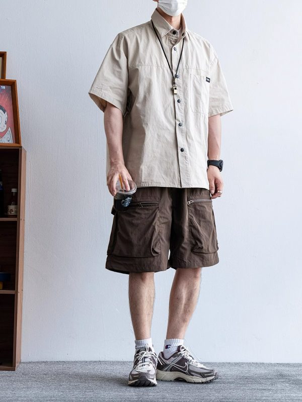 Men's Japanese Retro Summer Solid Color Loose Casual Shorts, Quick-Dry Multi-Pocket Five-Point Sports Pants