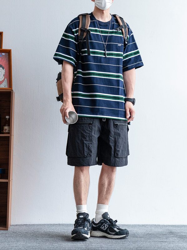 Men's Japanese Retro Summer Solid Color Loose Casual Shorts, Quick-Dry Multi-Pocket Five-Point Sports Pants