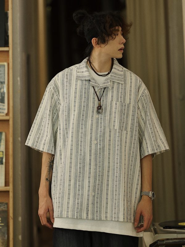 Men's Japanese Striped Pocket Work Shirt - Casual Summer Short Sleeve Fashion in Youthful Trendy Style