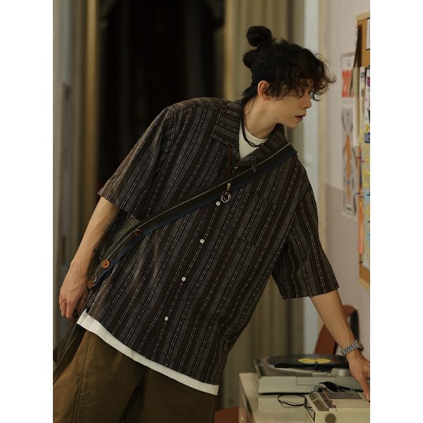 Men's Japanese Striped Pocket Work Shirt - Casual Summer Short Sleeve Fashion in Youthful Trendy Style