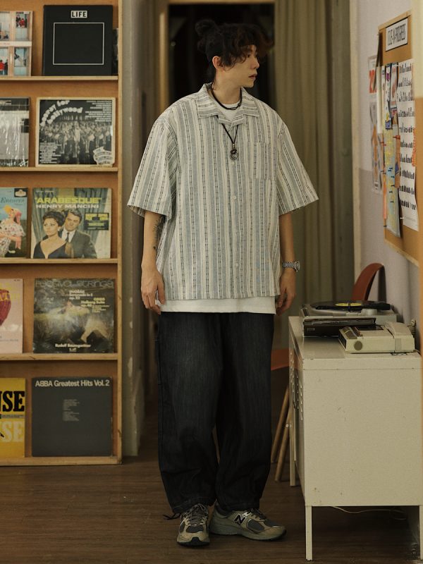 Men's Japanese Striped Pocket Work Shirt - Casual Summer Short Sleeve Fashion in Youthful Trendy Style