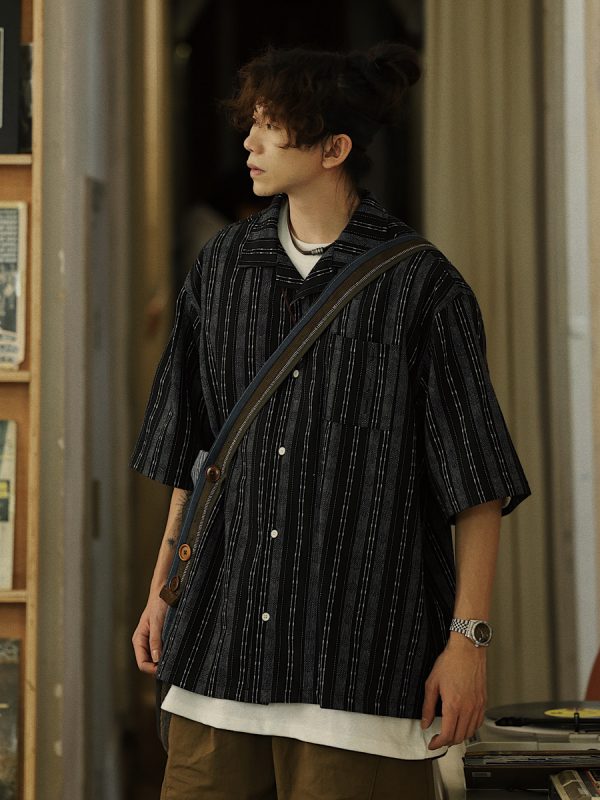 Men's Japanese Striped Pocket Work Shirt - Casual Summer Short Sleeve Fashion in Youthful Trendy Style