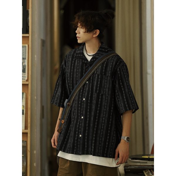Men's Japanese Striped Pocket Work Shirt - Casual Summer Short Sleeve Fashion in Youthful Trendy Style