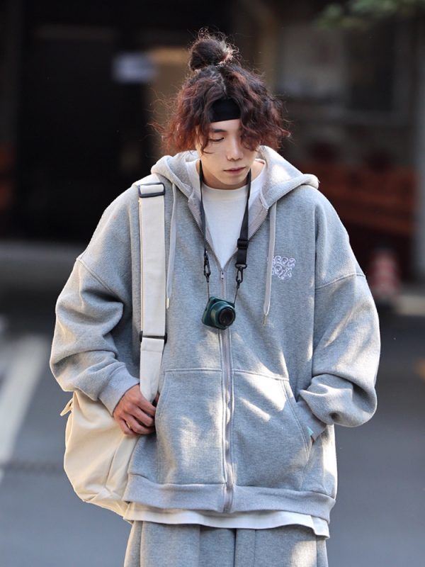 Men's Japanese-Style Fleece-Lined Hooded Sweatshirt, Loose Fit Solid Color Jacket for Autumn and Winter, Versatile City Style