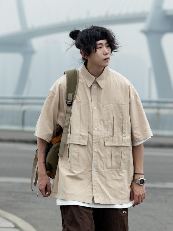 Men's Loose-Fit Lapel Short Sleeve Shirt with Large Pockets - Stylish Versatile Work Top for Spring and Summer