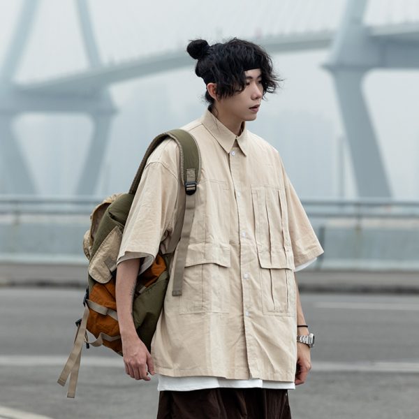 Men's Loose-Fit Lapel Short Sleeve Shirt with Large Pockets - Stylish Versatile Work Top for Spring and Summer