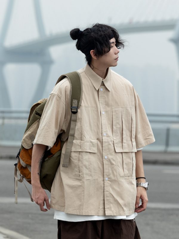 Men's Loose-Fit Lapel Short Sleeve Shirt with Large Pockets - Stylish Versatile Work Top for Spring and Summer