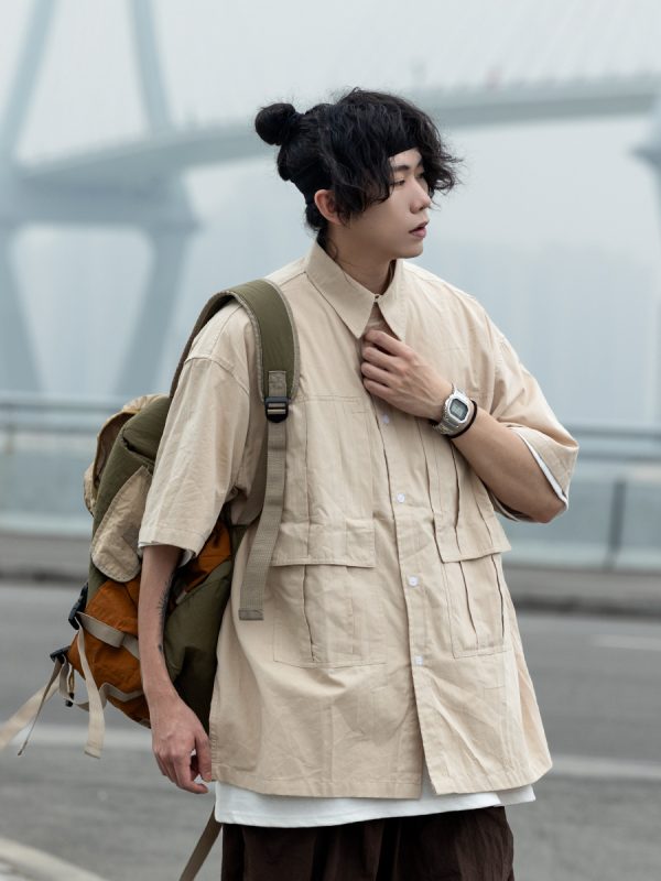 Men's Loose-Fit Lapel Short Sleeve Shirt with Large Pockets - Stylish Versatile Work Top for Spring and Summer