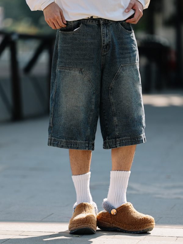 Men's Loose Wide-Leg Denim Shorts - Retro Patchwork Gradient Seven-Point Pants for Summer Casual Style