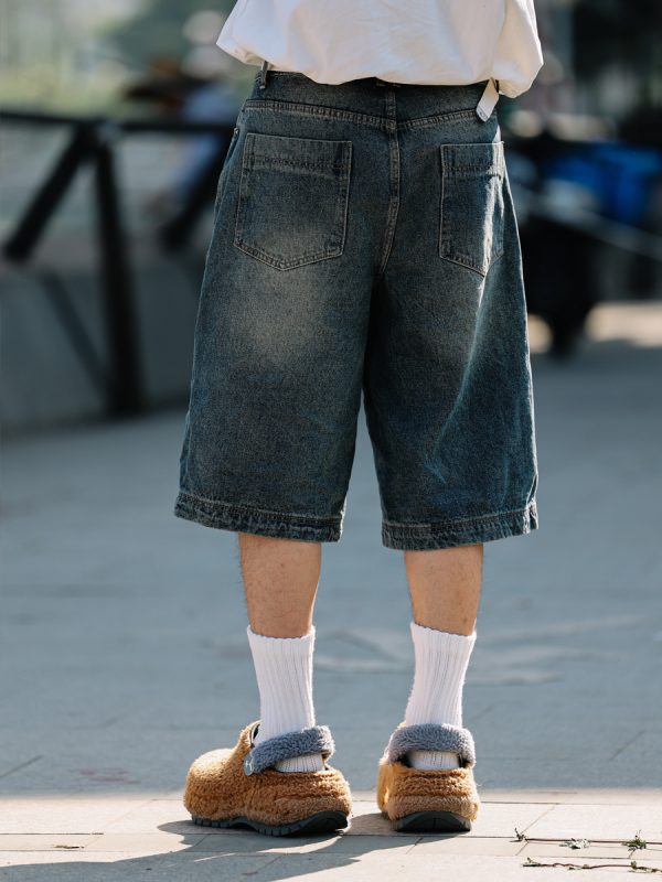 Men's Loose Wide-Leg Denim Shorts - Retro Patchwork Gradient Seven-Point Pants for Summer Casual Style