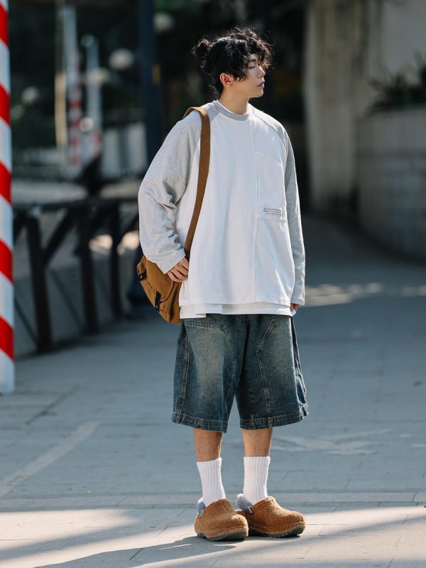 Men's Loose Wide-Leg Denim Shorts - Retro Patchwork Gradient Seven-Point Pants for Summer Casual Style