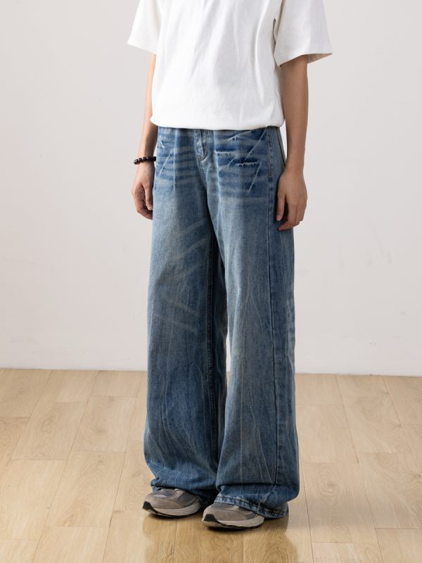 Men's Retro Distressed Straight-Leg Jeans with Lightning Pattern - Gradient Wide-Leg Style for a 90s American Fashion Look