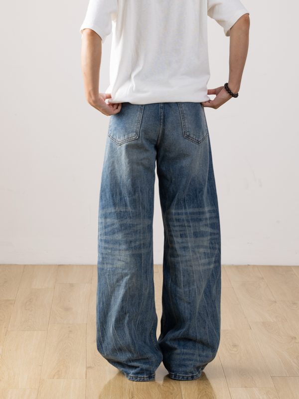 Men's Retro Distressed Straight-Leg Jeans with Lightning Pattern - Gradient Wide-Leg Style for a 90s American Fashion Look