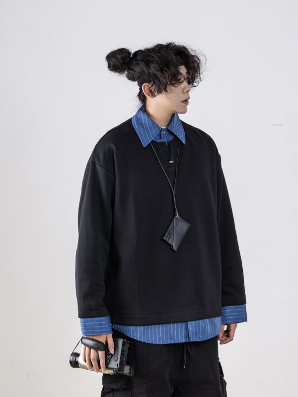 Men's Retro Striped Color-Block Fake Two-Piece Sweatshirt with V-Neck Design - Loose Fit, Versatile Style for 90s and Y2K Inspired Looks