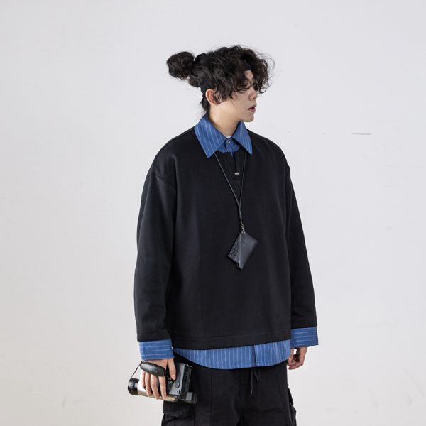 Men's Retro Striped Color-Block Fake Two-Piece Sweatshirt with V-Neck Design - Loose Fit, Versatile Style for 90s and Y2K Inspired Looks