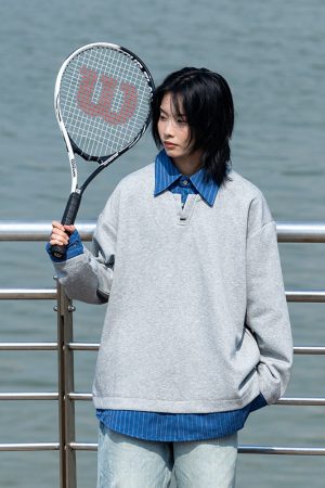 Men's Retro Striped Color-Block Fake Two-Piece Sweatshirt with V-Neck Design - Loose Fit, Versatile Style for 90s and Y2K Inspired Looks