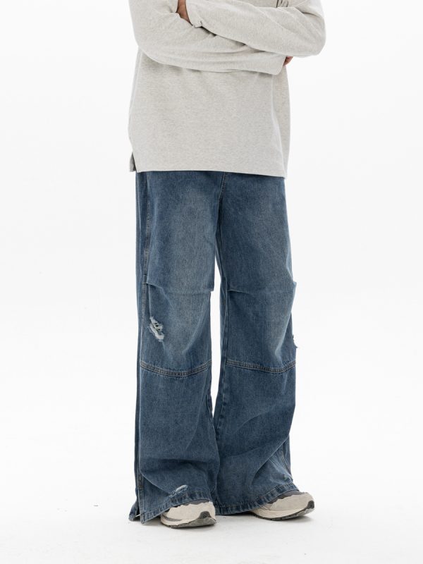 Men's Retro Washed Ripped Jeans with Monkey Hole Detail - Straight Wide-Leg Long Pants, Niche Design for 90s and Y2K Style