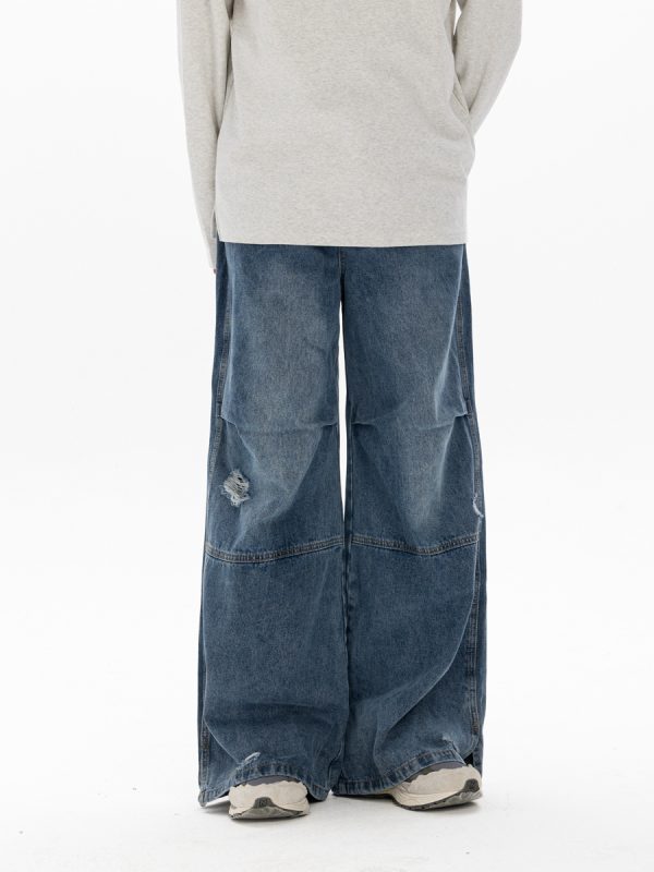 Men's Retro Washed Ripped Jeans with Monkey Hole Detail - Straight Wide-Leg Long Pants, Niche Design for 90s and Y2K Style