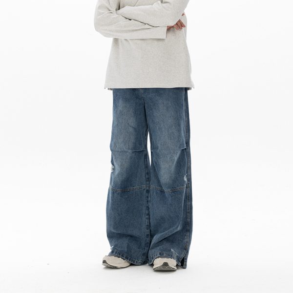 Men's Retro Washed Ripped Jeans with Monkey Hole Detail - Straight Wide-Leg Long Pants, Niche Design for 90s and Y2K Style