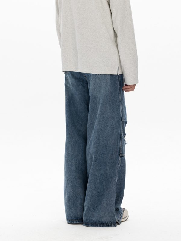 Men's Retro Washed Ripped Jeans with Monkey Hole Detail - Straight Wide-Leg Long Pants, Niche Design for 90s and Y2K Style