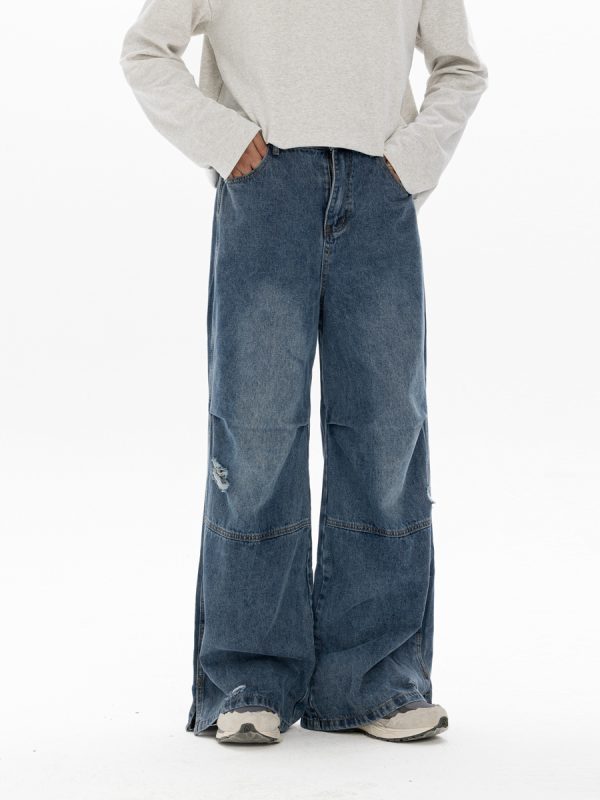 Men's Retro Washed Ripped Jeans with Monkey Hole Detail - Straight Wide-Leg Long Pants, Niche Design for 90s and Y2K Style