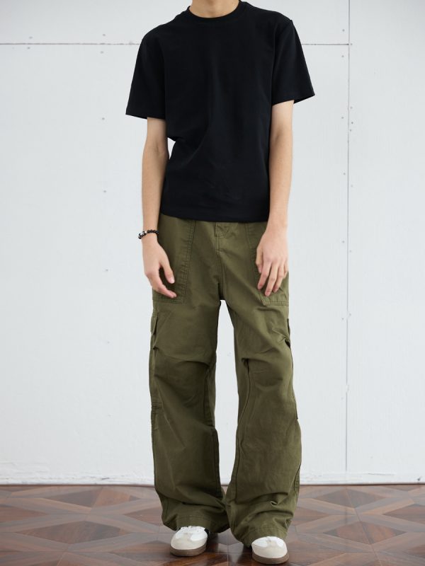 Men's Retro Wide-Leg Pleated Casual Pants with Large Pockets - Loose Straight American Style Trousers