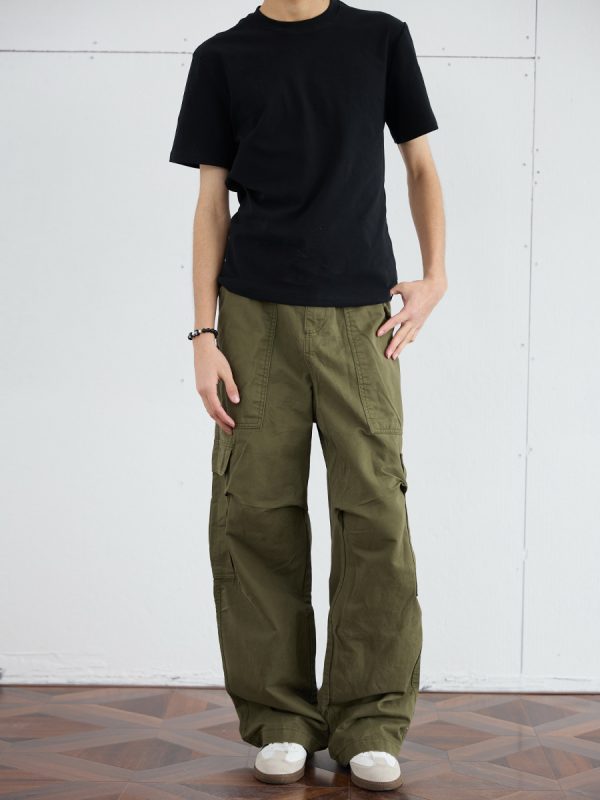 Men's Retro Wide-Leg Pleated Casual Pants with Large Pockets - Loose Straight American Style Trousers