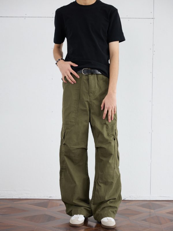 Men's Retro Wide-Leg Pleated Casual Pants with Large Pockets - Loose Straight American Style Trousers