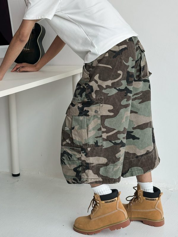 Men's Ripped Camouflage Cargo Shorts with Patchwork Design, Straight Cut, Loose Fit - Trendy Streetwear for Casual Style