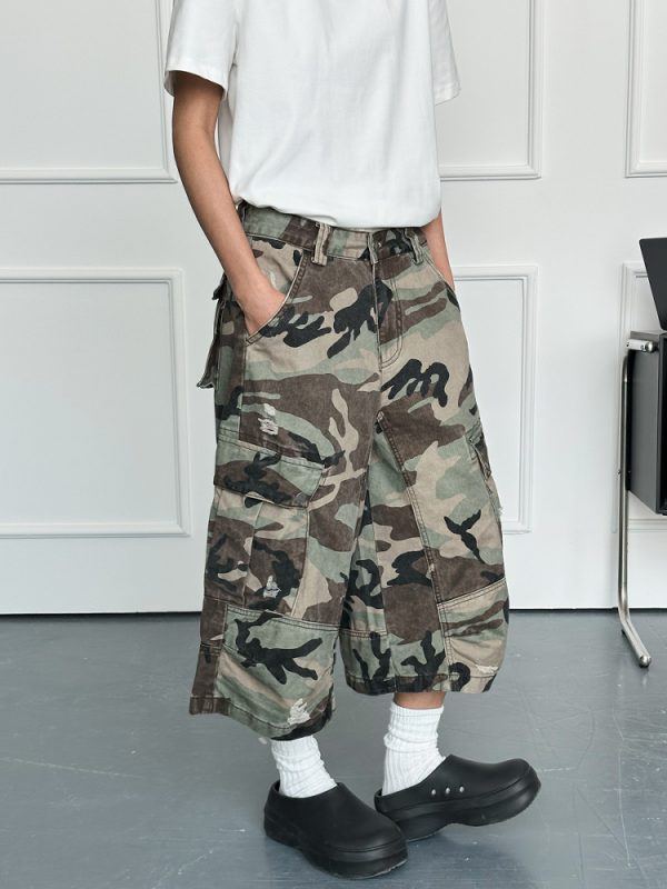 Men's Ripped Camouflage Cargo Shorts with Patchwork Design, Straight Cut, Loose Fit - Trendy Streetwear for Casual Style