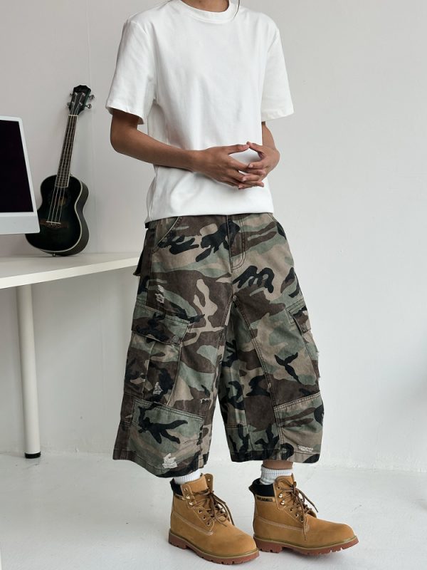 Men's Ripped Camouflage Cargo Shorts with Patchwork Design, Straight Cut, Loose Fit - Trendy Streetwear for Casual Style