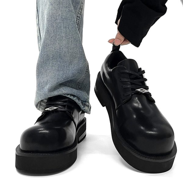 Men's Round-Toe Derby Shoes in Genuine Leather, High-End British Style, Trendy Thick-Soled, Height-Increasing Dress Shoes