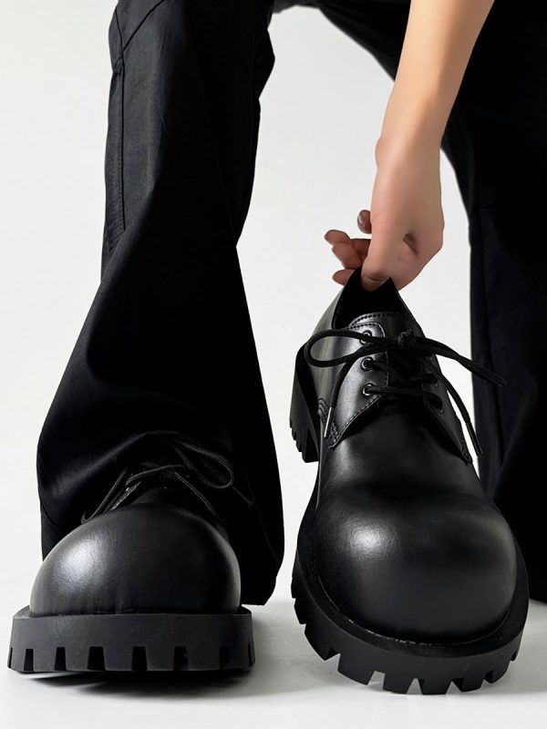 Men's Thick-Soled Derby Shoes, Height-Increasing Round-Toe Leather, Retro British Style with Pointed Mickey Design