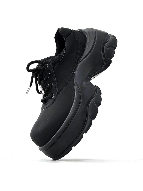 Men's Thick-Soled Derby Shoes, Matte Finish, Round Toe, Height-Increasing Platform, All-Black Sporty Dad Shoes, Trendy Footwear