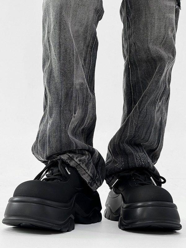 Men's Thick-Soled Derby Shoes, Matte Finish, Round Toe, Height-Increasing Platform, All-Black Sporty Dad Shoes, Trendy Footwear