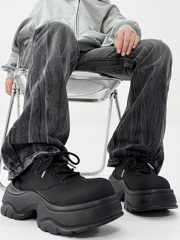 Men's Thick-Soled Derby Shoes, Matte Finish, Round Toe, Height-Increasing Platform, All-Black Sporty Dad Shoes, Trendy Footwear