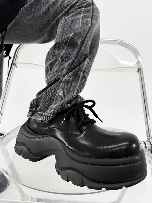 Men's Thick-Soled Derby Shoes, Matte Finish, Round Toe, Height-Increasing Platform, All-Black Sporty Dad Shoes, Trendy Footwear