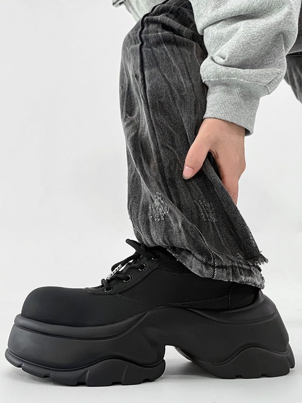 Men's Thick-Soled Derby Shoes, Matte Finish, Round Toe, Height-Increasing Platform, All-Black Sporty Dad Shoes, Trendy Footwear