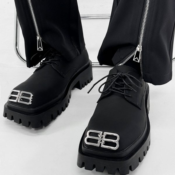 Men's Thick-Soled Height-Increasing Derby Shoes, Parisian Square Toe, Korean Style Genuine Leather, Trendy Niche Footwear