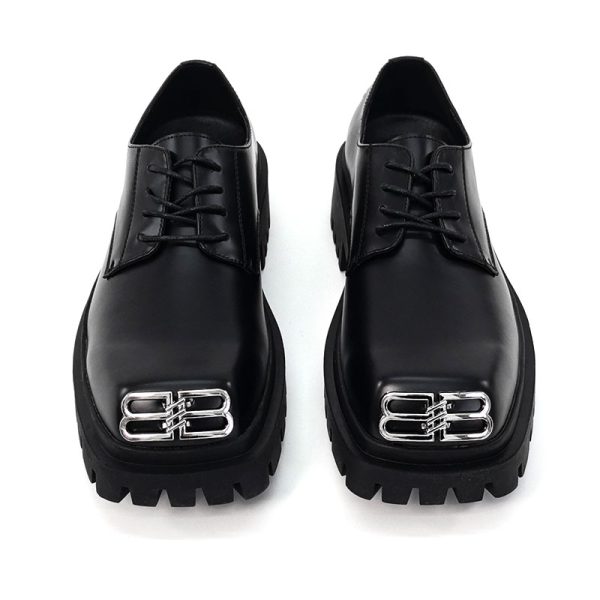 Men's Thick-Soled Height-Increasing Derby Shoes, Parisian Square Toe, Korean Style Genuine Leather, Trendy Niche Footwear
