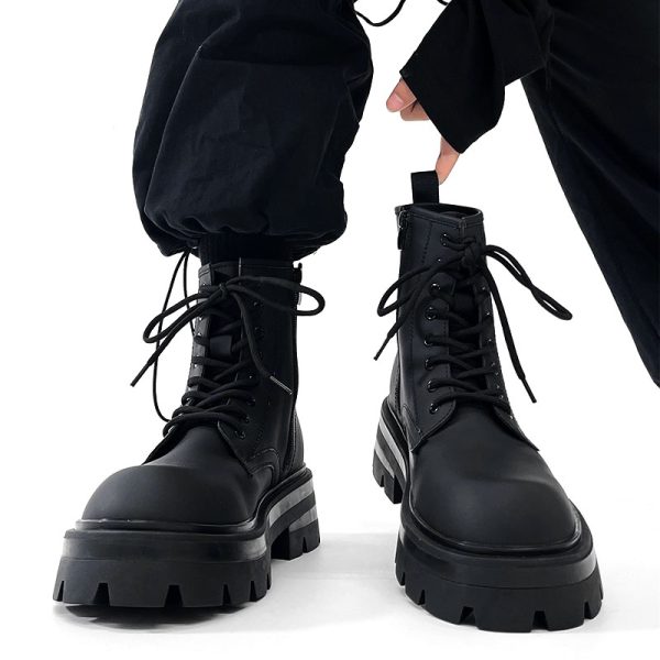 Men's Thick-Soled Height-Increasing Martin Boots, Trendy Zipper Motorcycle Style, British Genuine Leather High-Top Winter Work Boots